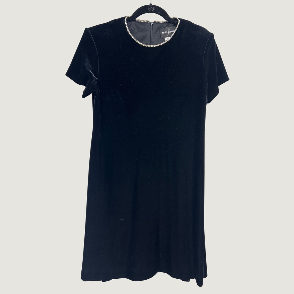 Vtg John Roberts Shift Dress Womens 12 Black Velvet Rhinestone Neck Holiday LBD